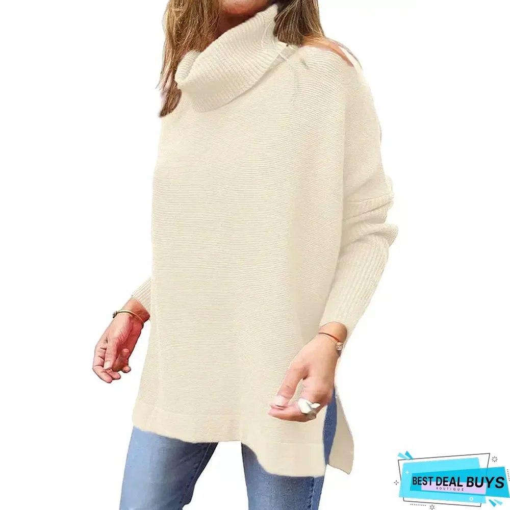High Neck Bat Wing Sleeve Split Hem Waistband Pullover Sweater