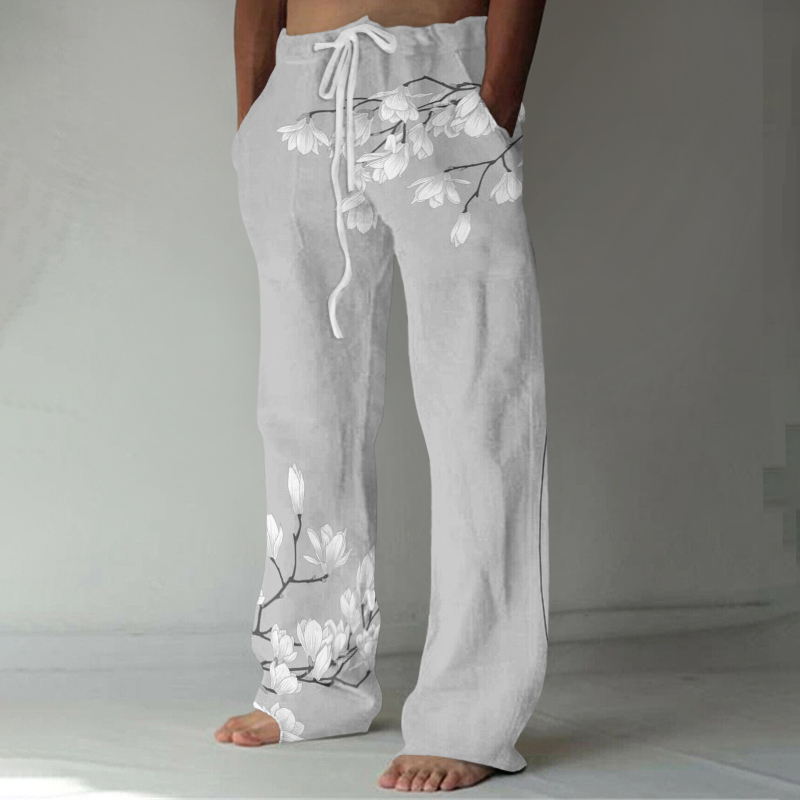 Comstylish Vintage Japanese Art Magnolia Flower Casual Linen Blend Pants