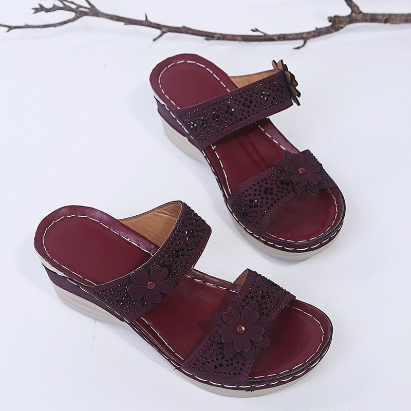 2021 Summer Women Casual Shoes Vintage Flower Fish Mouth Sandals Women Rhinestone Mid Heels Wedge Sandals Open Toes Large Size