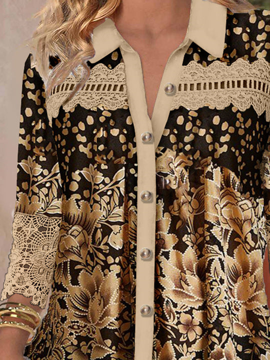 Women's 3/4 Sleeve V-neck Lace Graphic Hollow Stitching Top