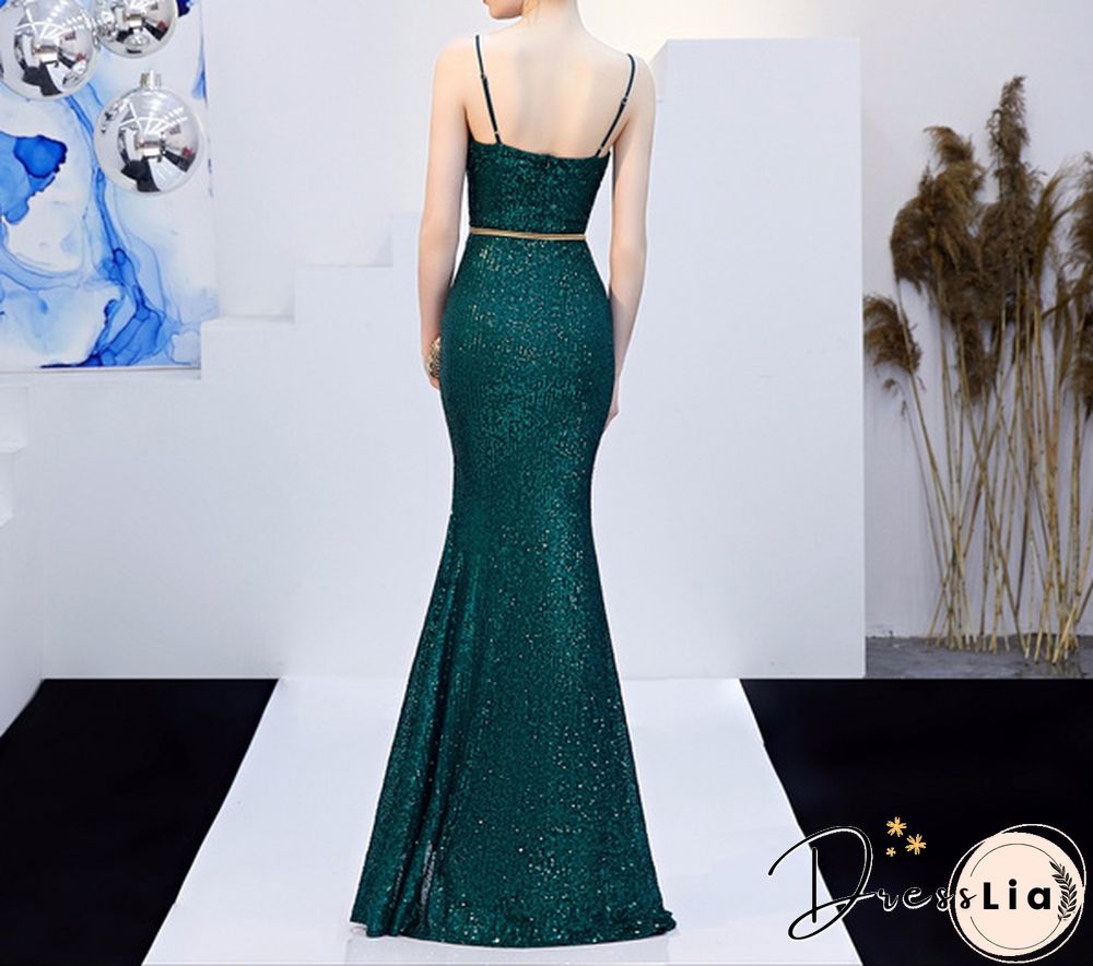 New Women Sexy Sequin Spaghetti Straps Dress Deep V Neck Sleeveless High Slit Dress Prom Formal Cocktail Pageant Party Dress Long Evening Dress