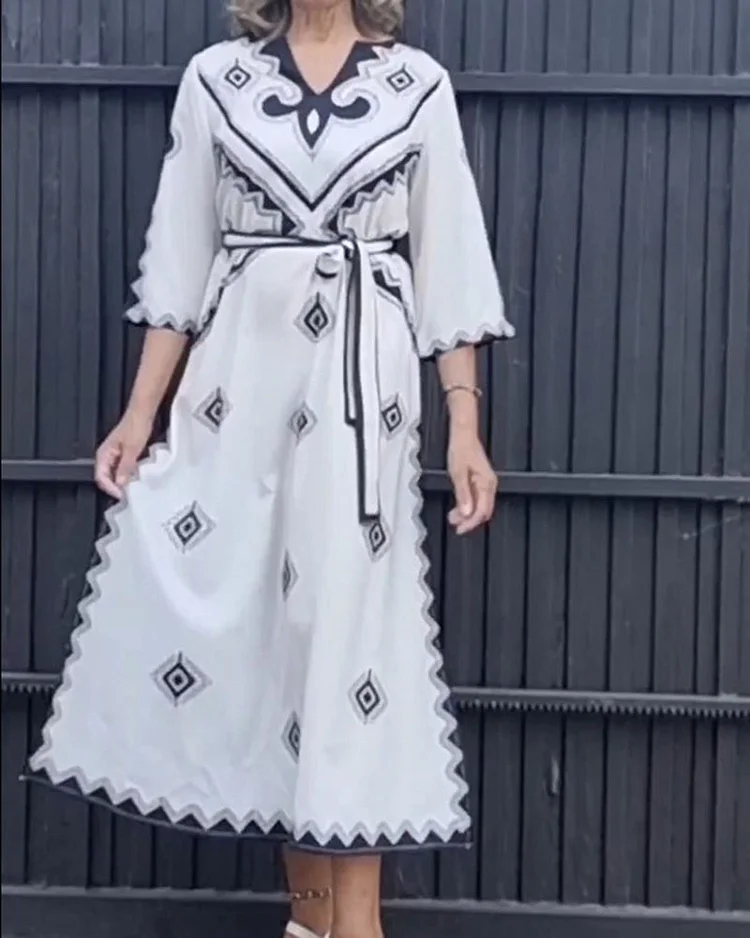 White Elegant Printed Dress