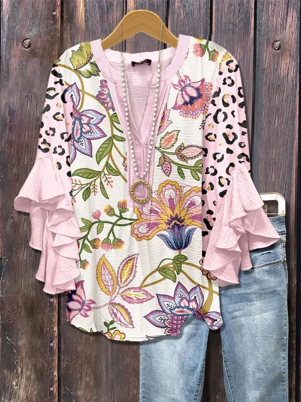 Women Floral Half Sleeve Shirt Summer Printing V Neck Daily Casual Top