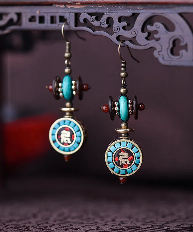 Classy Colorblock Sterling Silver Alloy Inlaid Copper Beads Turquoise Tassel Drop Earrings