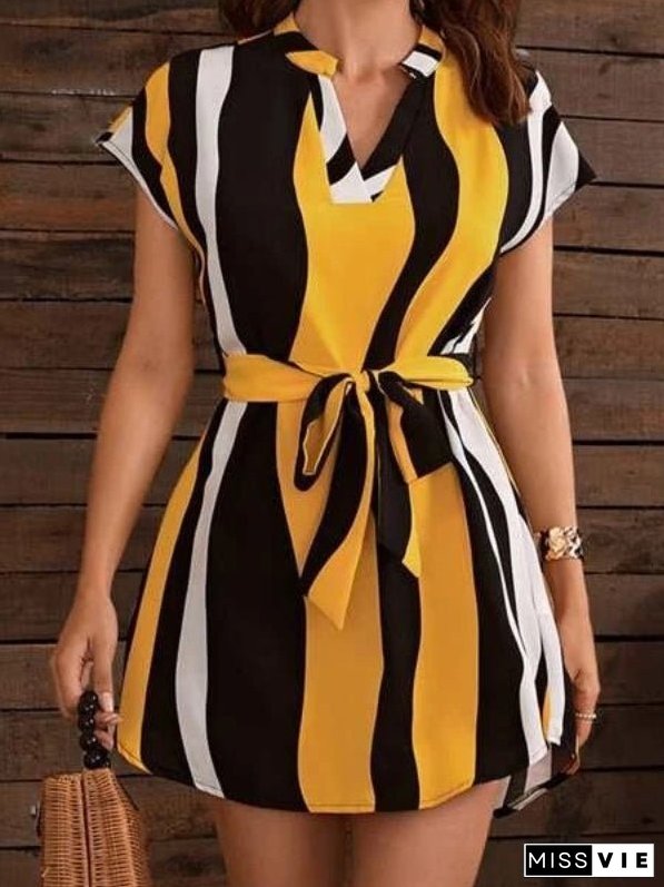 Women's Dresses V-Neck Striped Short Sleeve Belt Dress