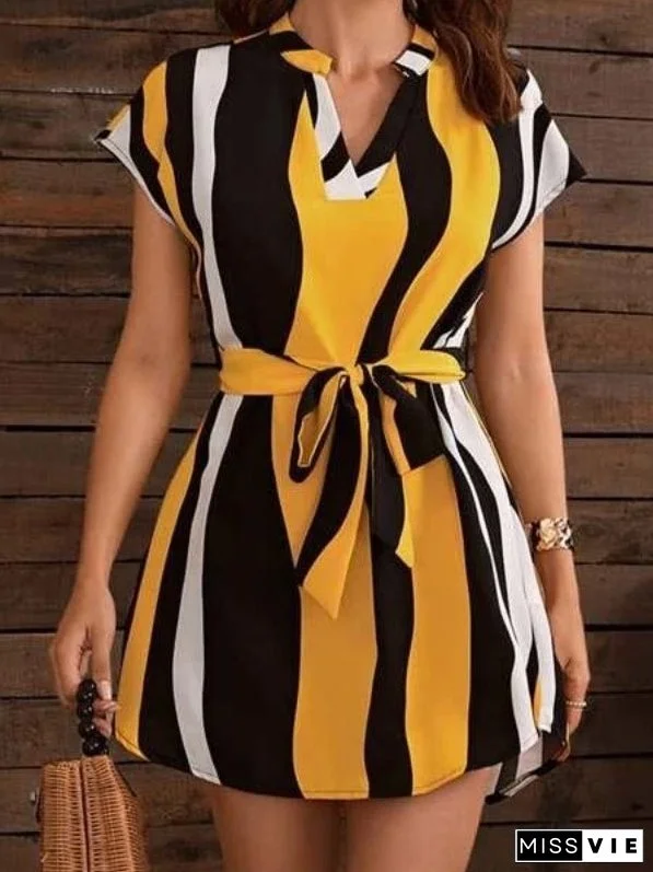 Women's Dresses V-Neck Striped Short Sleeve Belt Dress