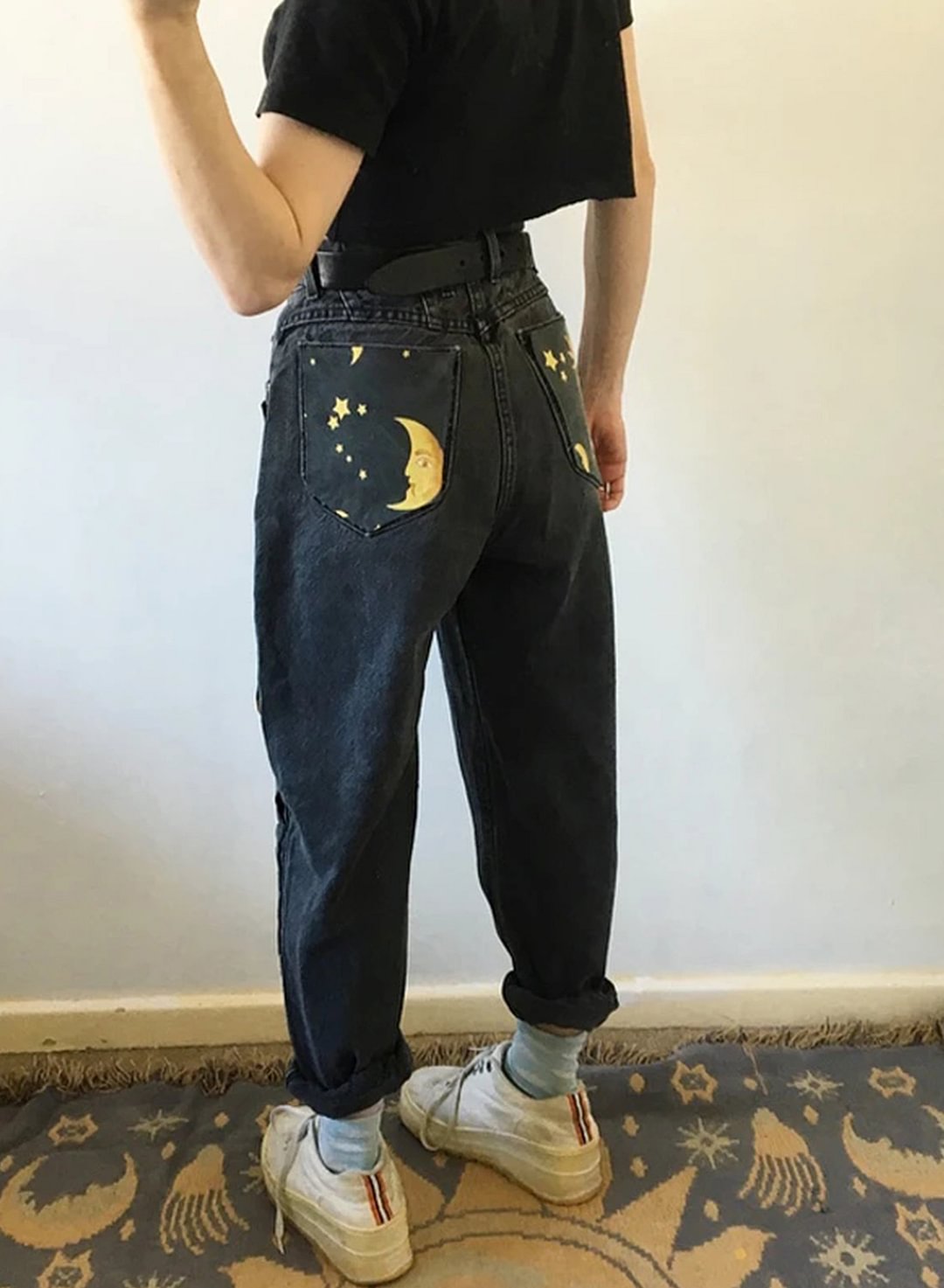 sun and moon pattern jeans