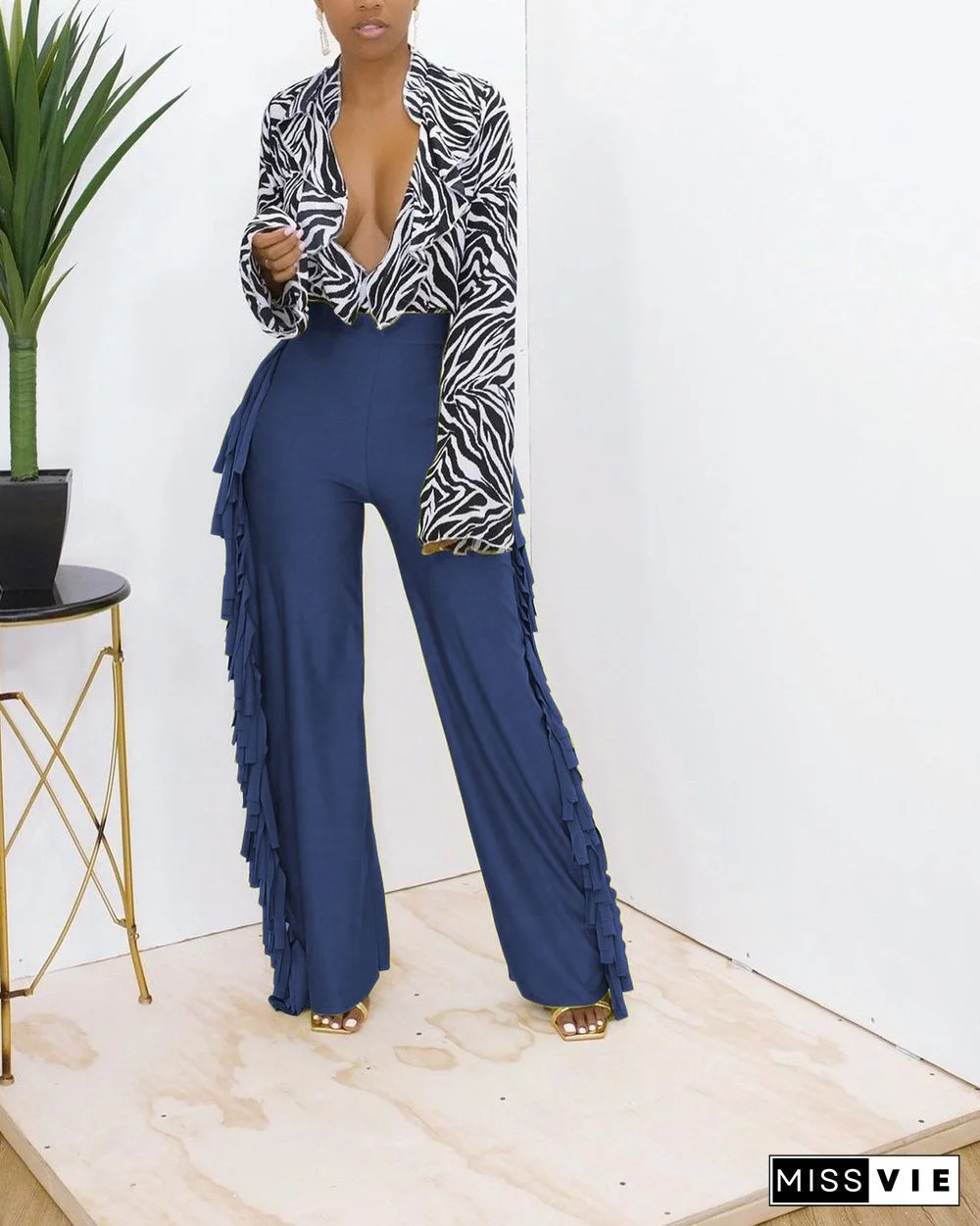 High Waist Tassel Side Straight Wide Leg Pants