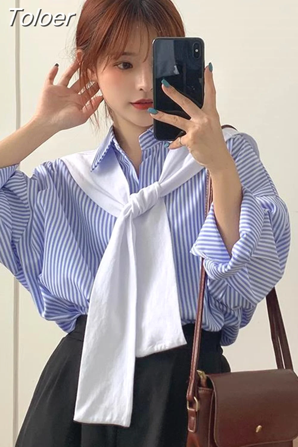 Toloer Blouses Shirts Women Blue Striped Elegant Loose Large Size Chic Fashion Scarf Collar New Leisure Womens Shirt Oversized