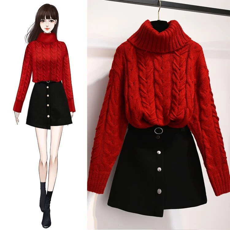 Winter Turtleneck 2 PCS Red Black Knitwear Top Skirt Outfit SP16657