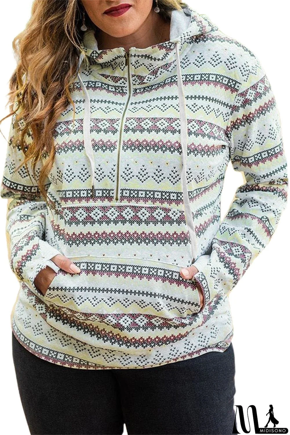 MidiSono - Aztec Print Half Zip High Neck Plus Size Hoodie with Pocket