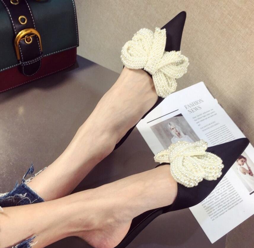 upscale big pearl bow slippers women pointed toe silk sandals beading bowtie mules shoes woman outdoor slides flip flops c647