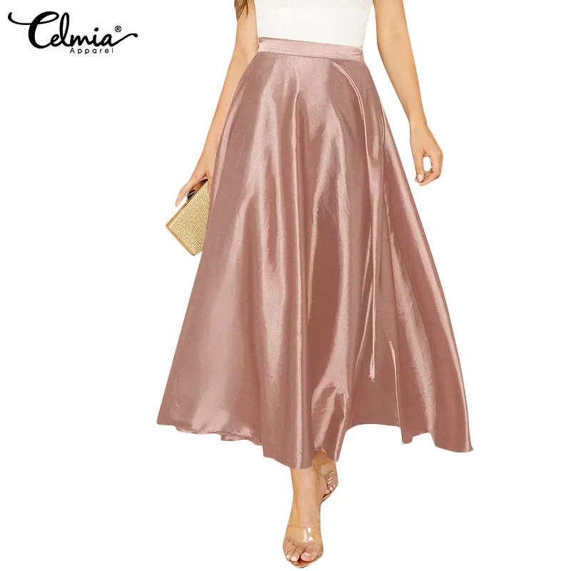 Celmia Women High Waist Satin Skirts 2022 Fashion Elegant Party Maxi Skirt Pleated Casual Solid Color A-line Skirt Streetwear