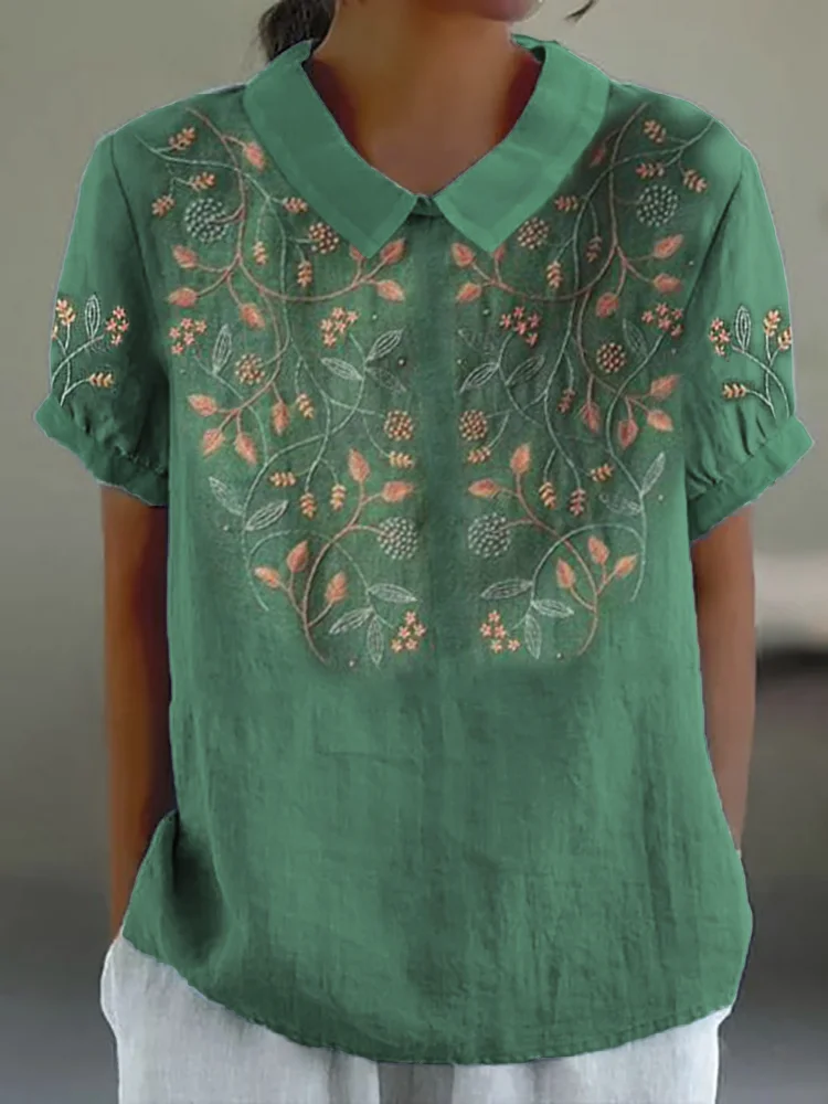 Vintage Floral Embroidered Linen Blend Tunic