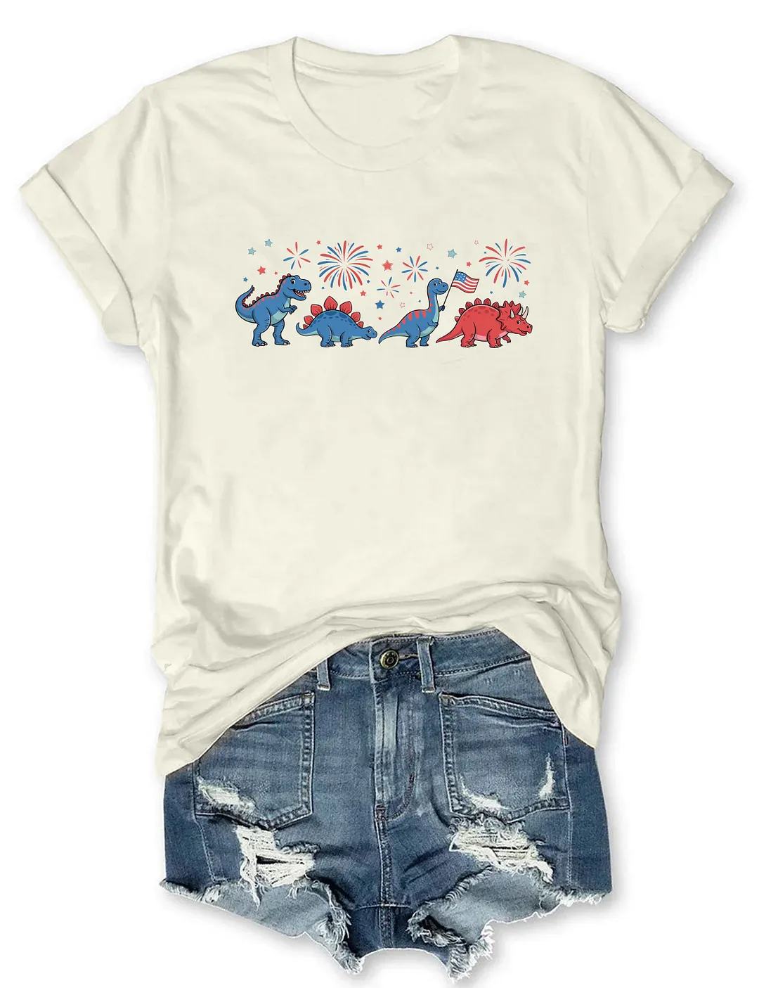 Cute Dinosaur American Flag Fireworks T-shirt