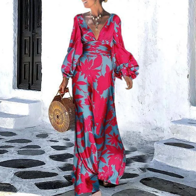 Vacation V Neck Lantern Sleeve Maxi Dress