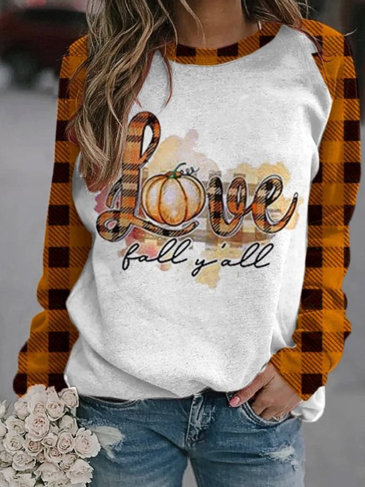 Vefave Love Fall Y'all Pumpkin Print Check Sweatshirt