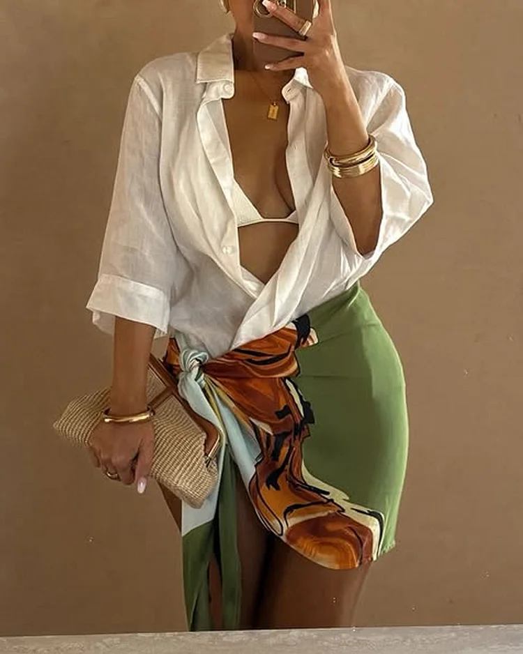 Women's Lapel Solid Color Top Tie Skirt Two-piece Set