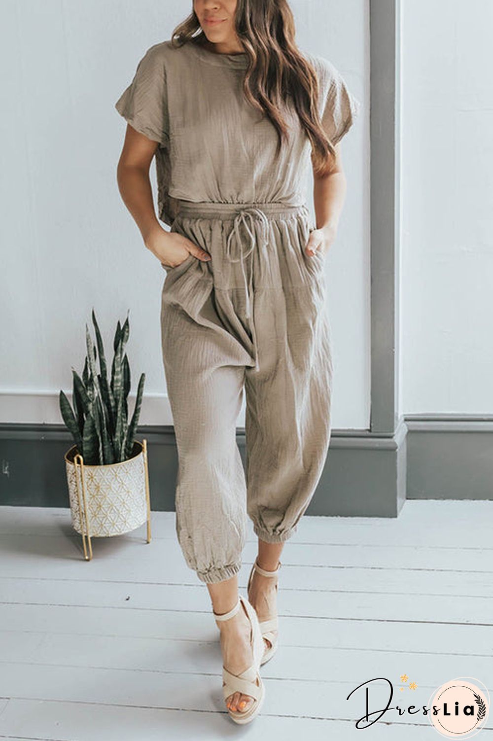 Slit Back Solid Drawstring Jumpsuit