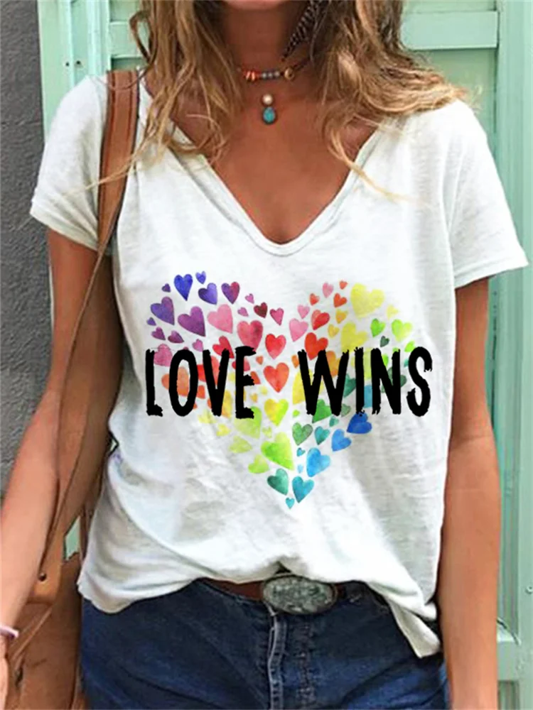 Love Wins Rainbow Hearts V Neck T Shirt