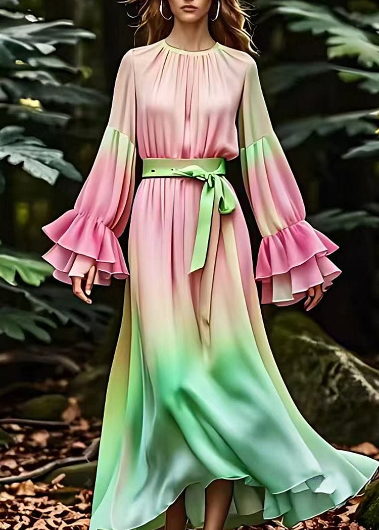 Fine Pink Wrinkled Tie Waist Silk Maxi Dresses Long Sleeve