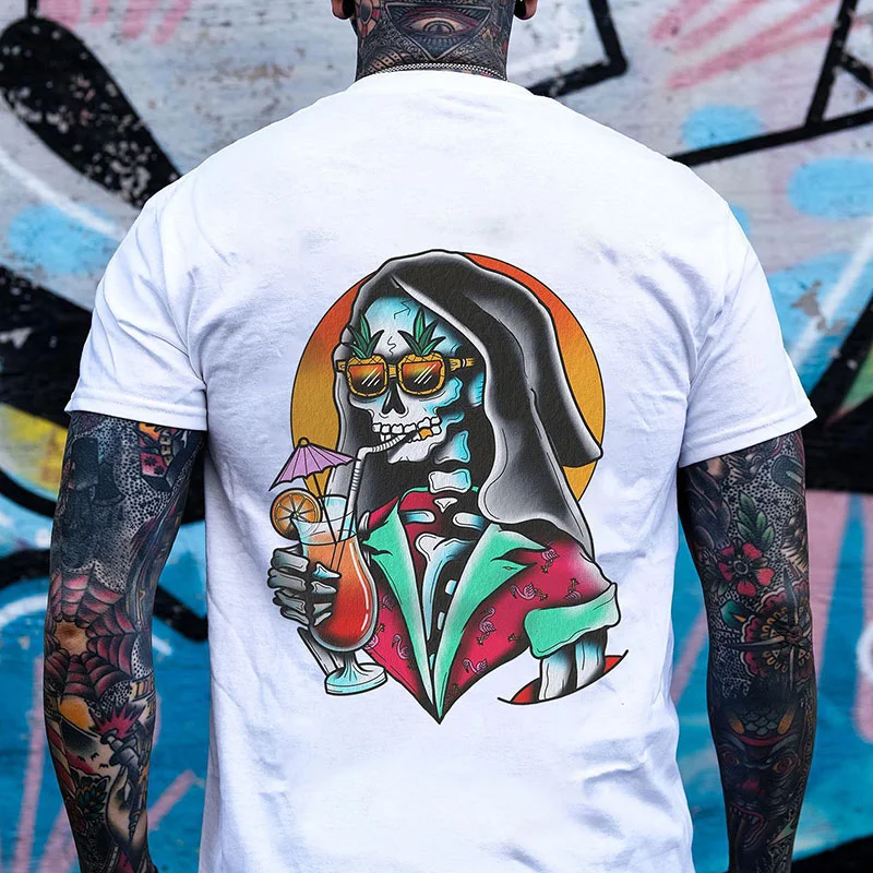 Skeleton Drinking Juice Summer Time Graphic Casual White Print T-shirt