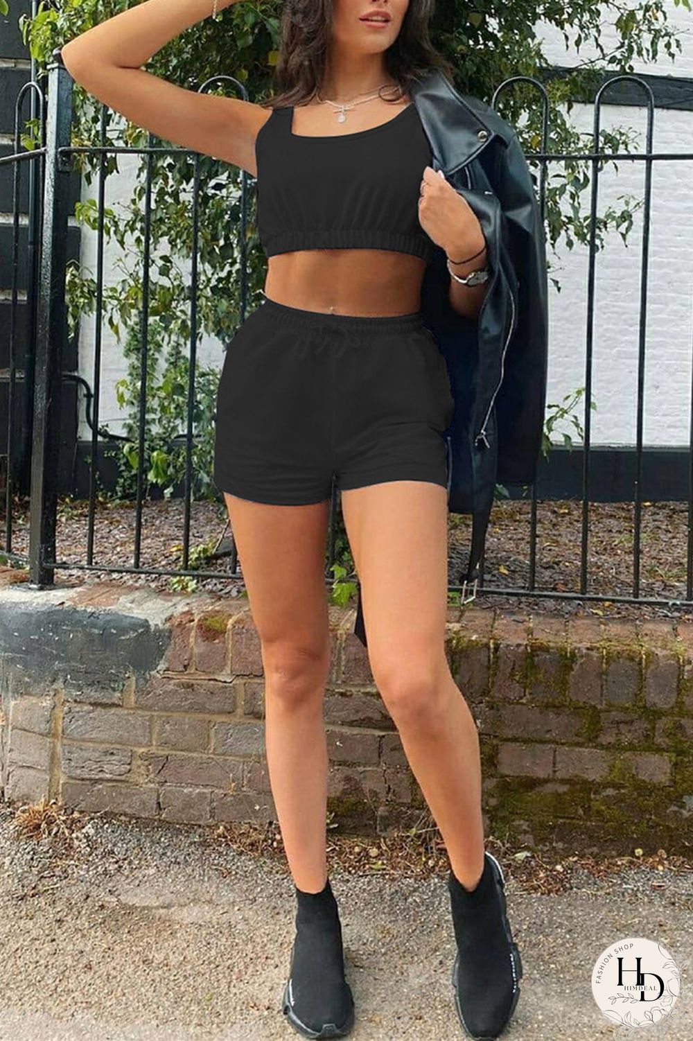 Black Fashion Casual Solid Vests U Neck Sleeveless Two Pieces