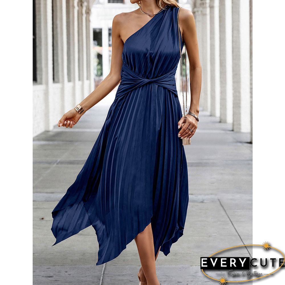 Navy Blue One Shoulder Irregular Pleat Casual Dress