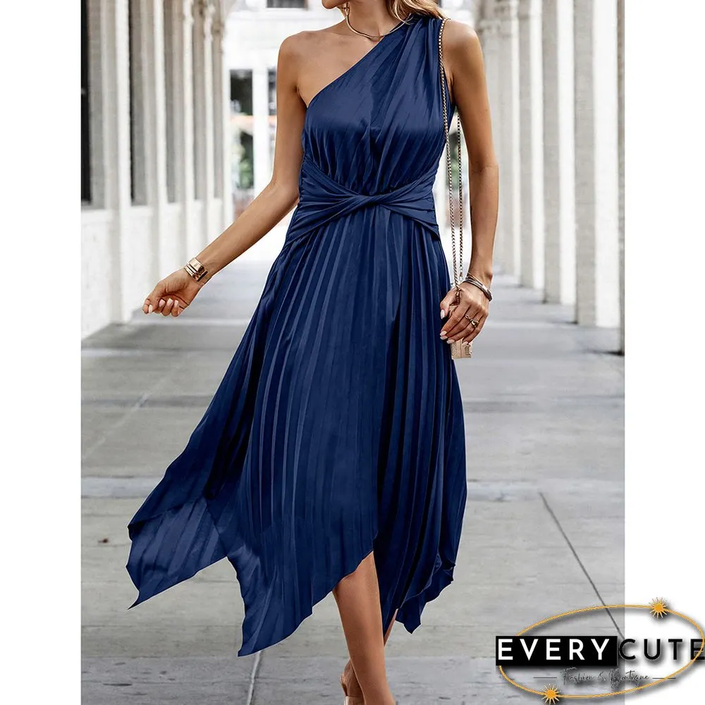 Navy Blue One Shoulder Irregular Pleat Casual Dress