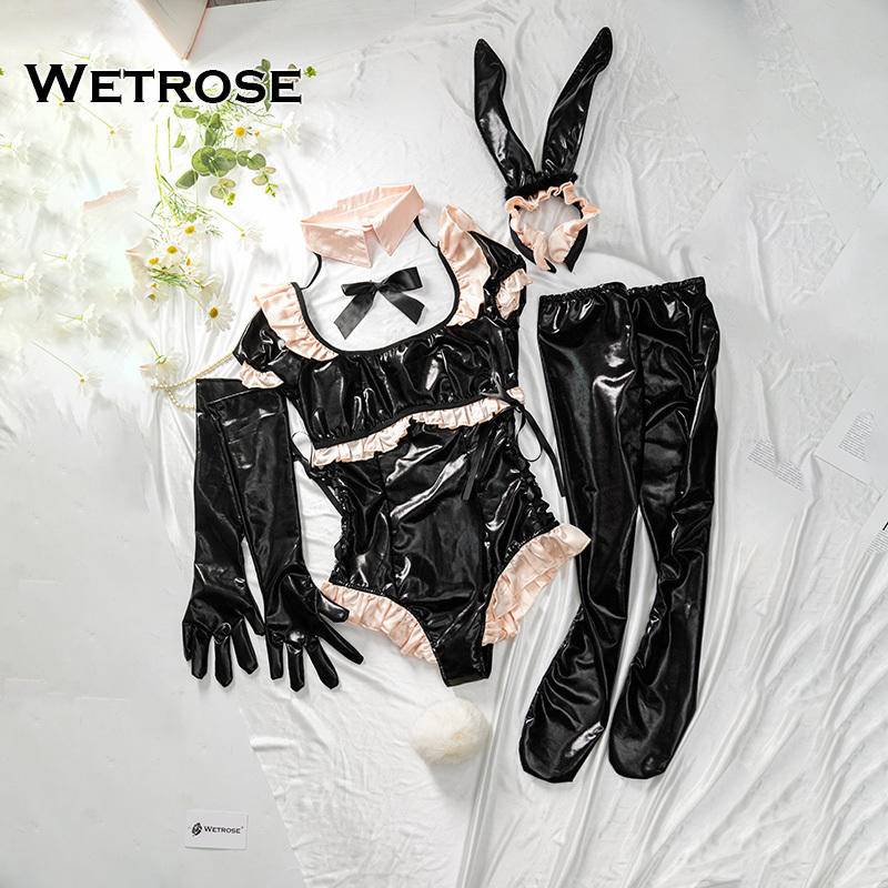 [Wetrose] PU Black Patent Leather Sexy Bunny Girl Lingerie Gold Edge Rabbit Ear Maid Cute Maid Set Valentine's Day Saint Sister Cosplay Costume