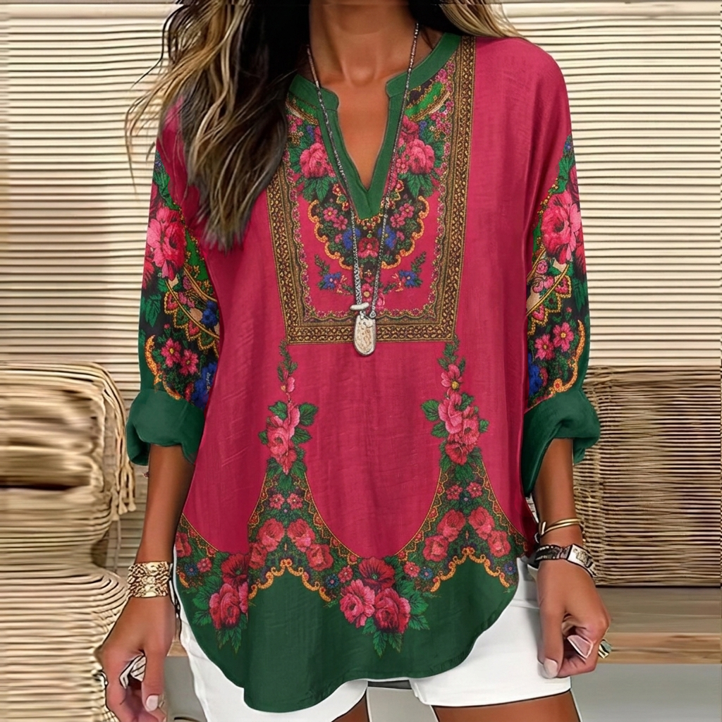 Comstylish Women's Vintage Folk Rose Color-blocked Casual Linen Shirt