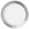 10 Pack | 9" Silver Plaid Hot Stamped Rim White Plastic Dinner Plates, Disposable Checkered Rim Party Plates