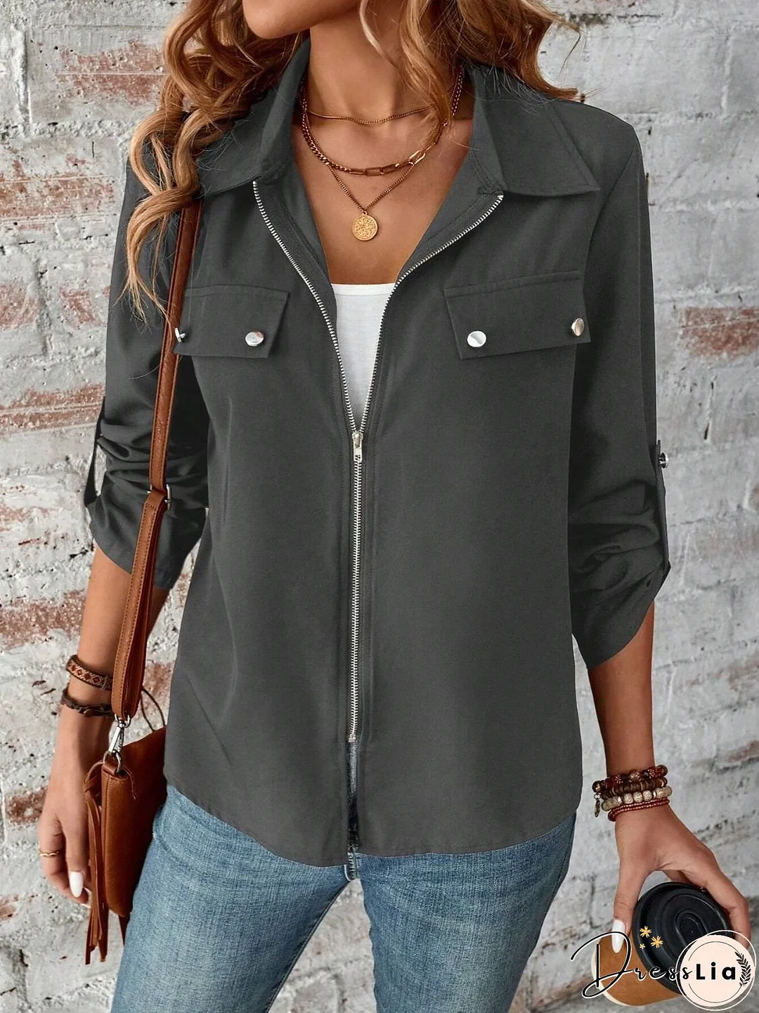 Zip Up Collared Neck Roll-Tab Sleeve Jacket