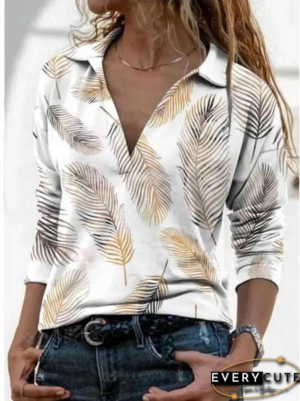 Fashion Lapel Leaves Printed Long Sleeve Shirt