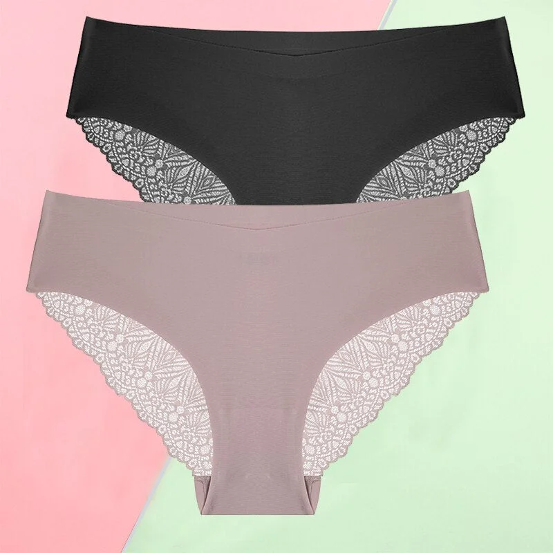 FINETOO 2PCS/Set S-XL Sexy Women Seamless Lace Pantys 6 Solid Colors Breathable Panties Lace Underwear For Girls Thong Lingerie