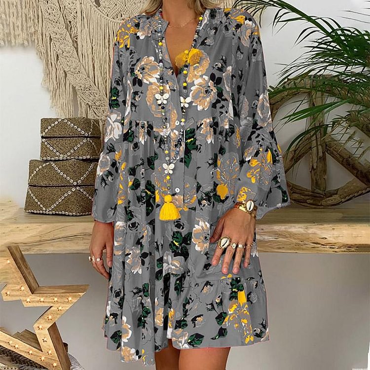 Casual Floral Print V-neck Buttons Long Sleeve  Bohemia Beach Dress
