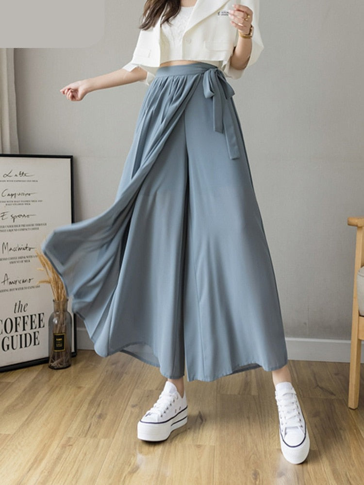 Spring Summer New Style Korean Women Pleated Chiffon Trousers High Waist Pants Hakama Casual Wide Leg Pantalones LANFUBEISI