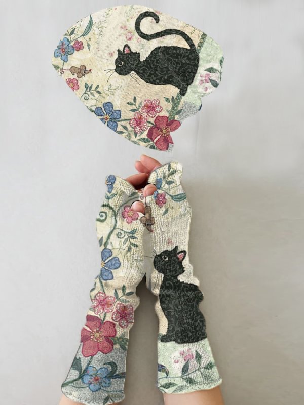 Vintage print knitted hat + fingerless gloves set
