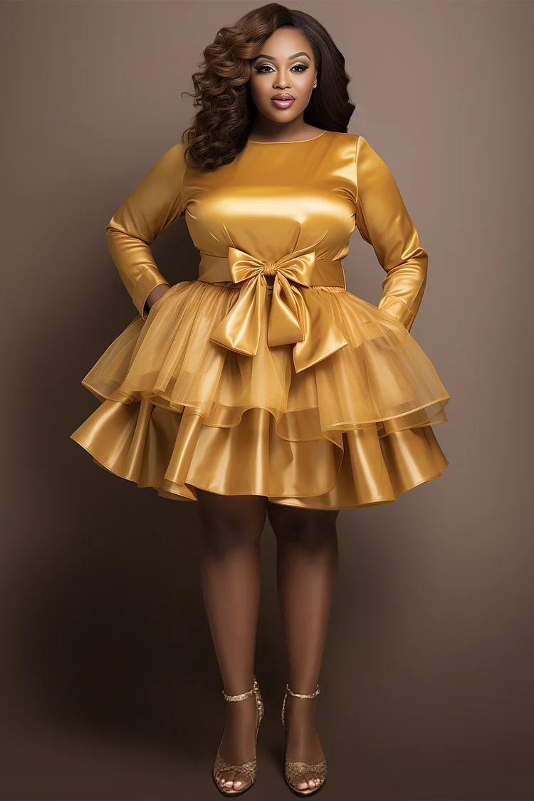 Xpluswear Design Plus Size Prom Gold Round Neck Long Sleeve Ruffle Elegant Bow Tie Organza Satin Mini Dresses [Pre-Order]