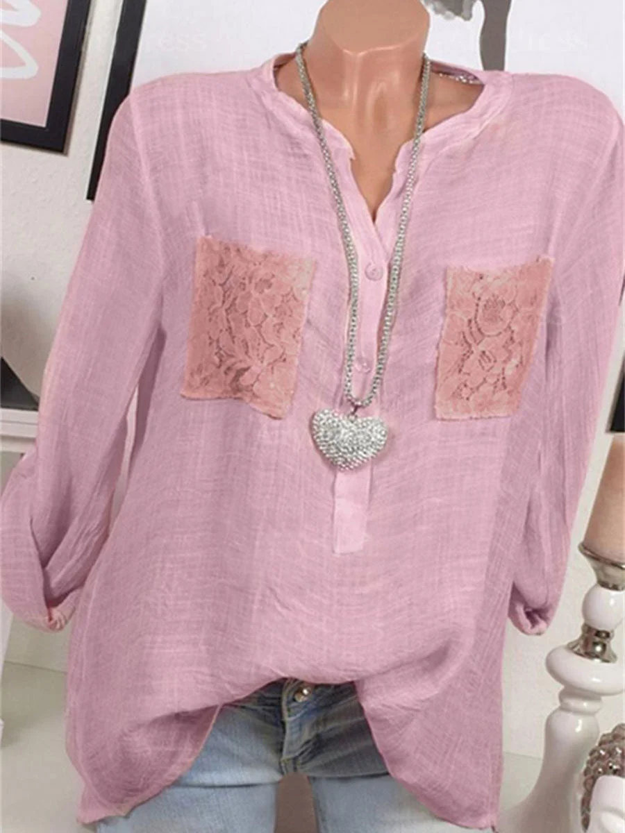 Lace pocket V-Neck Solid Color Blouse