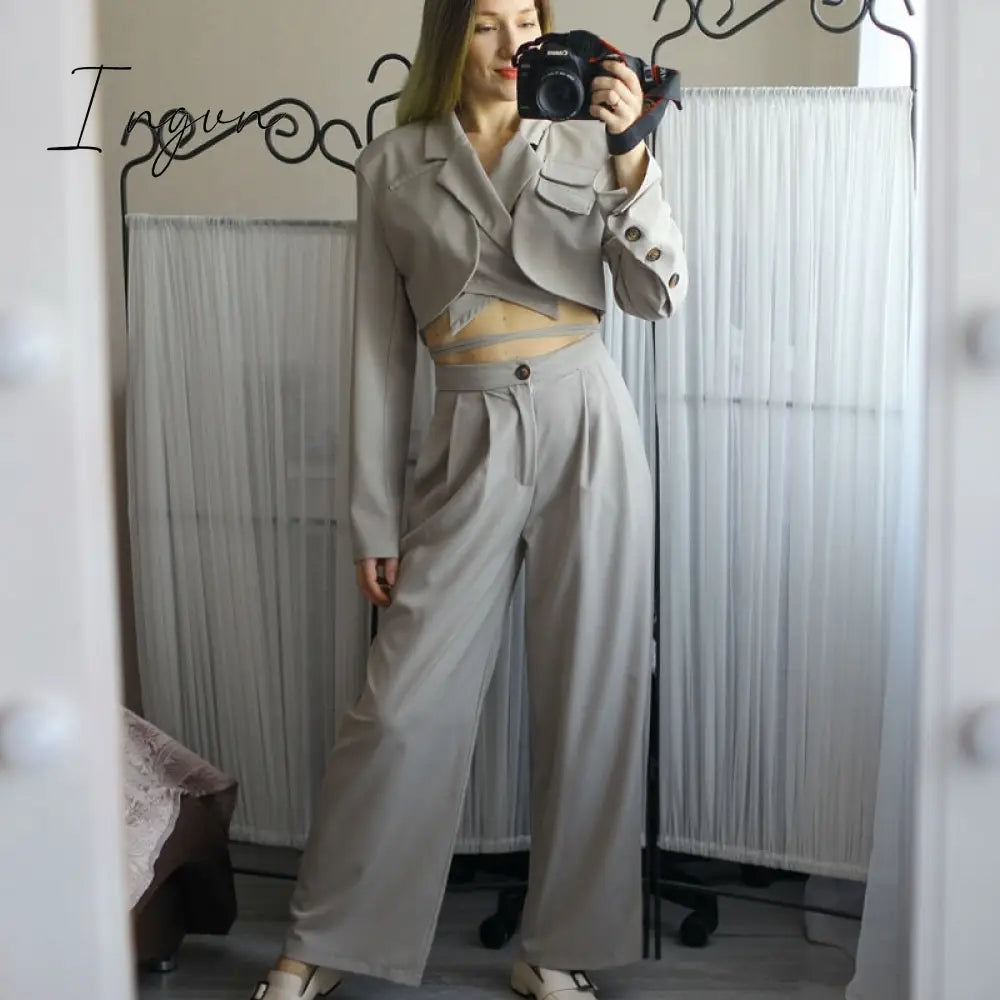 Ingvn - Spring Outfits Trends Korean Summer Two Piece Set Women Crop Top Sexy Lace - Up Blazer Coat