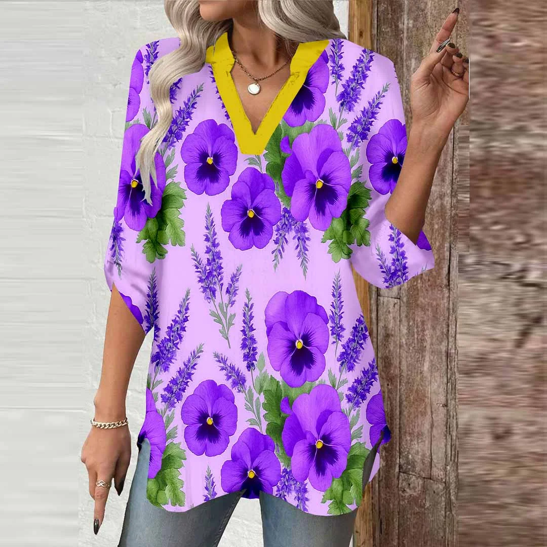 Women Floral,Purple,Green DZGA0724 3/4 Sleeve V-neck Printed Graphic Button Tops