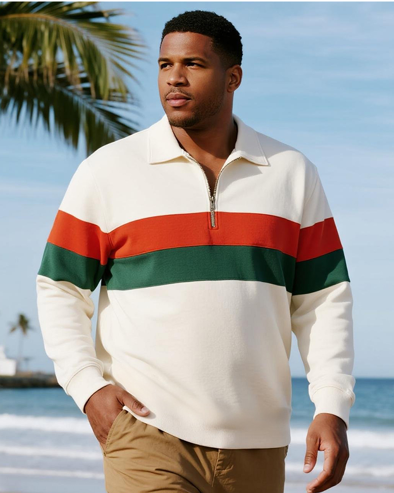 Big & Tall Men's Business Red And Green Stripe Print Long Sleeve Zipper Polo Shirt