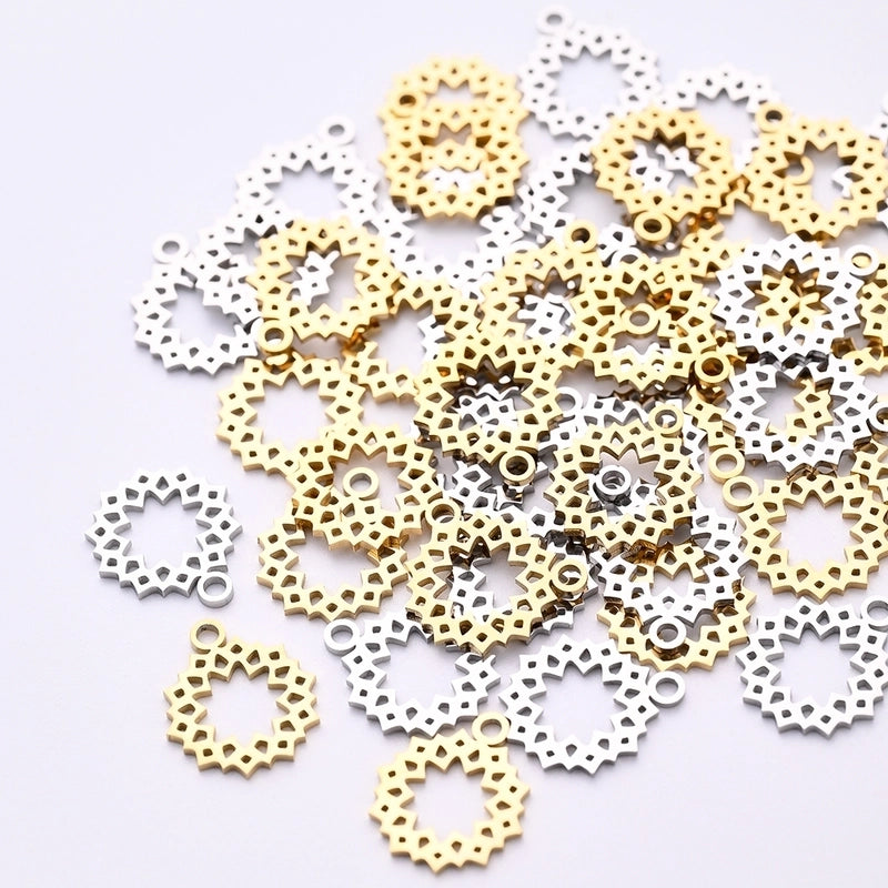 10 PCS/Package 12*13.5mm Hole 1~1.9mm 304 Stainless Steel Gold Plated Flower Polished Pendant
