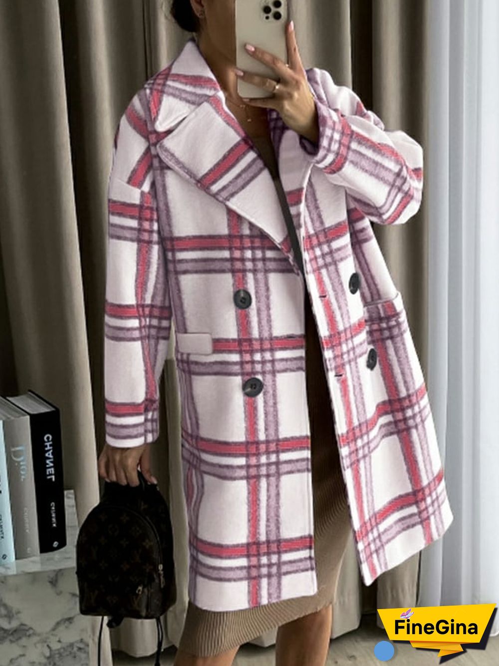 Women's Casual Fashion Plaid Printed Lapel Faux Wool Coat
