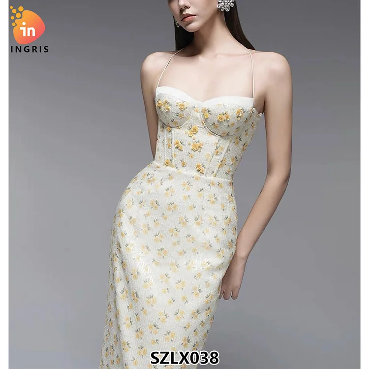 Fashion Luxury Vietnam Niche Halter Floral Embroidery Long Dress 2025 New Summer French Sweet Slim Sexy Elegant Evening Dress-SZLX038