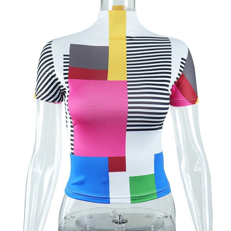 Nibber Top Ladies Patchwork Printed Half Turtleneck Short Sleeves Female Outgoing All-match Clothing 2022 Summer New Hot Sale