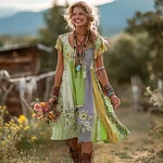 Women's Floral Color Block Round Neck Short Sleeve Dress - Image 4