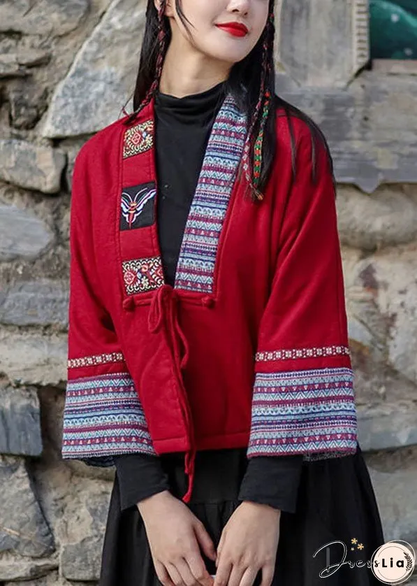 Handmade Red V Neck Embroideried Lace Up Warm Fleece Jacket Winter
