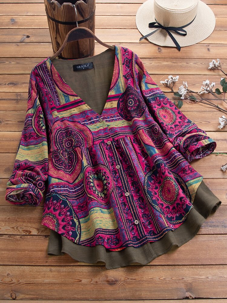 Fake Two Pieces Ethnic Print Long Sleeve Vintage Blouse P1580694